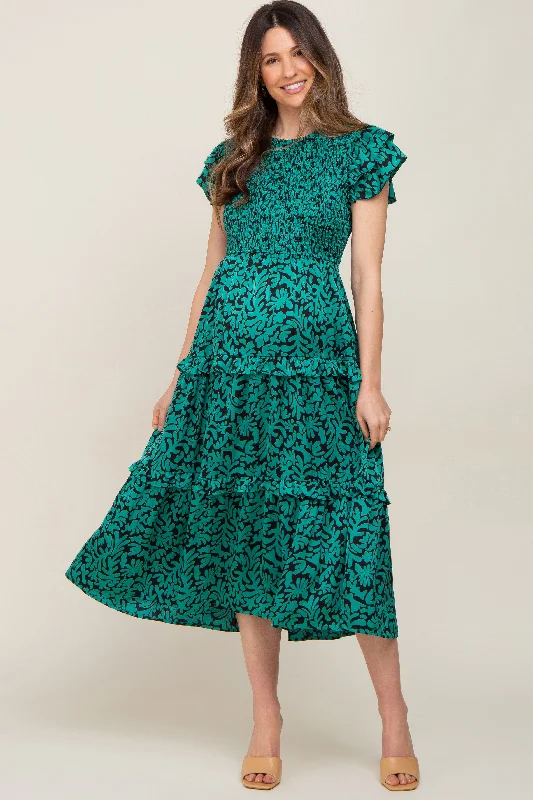 Women's midi dress vine chic -Green Print Smocked Ruffle Tiered Maternity Midi Dress