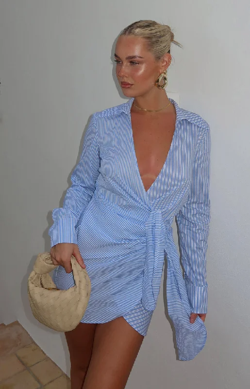 ladies-mini-dress-petite-punch-Holly Blue Stripe Tie Up Shirt Mini Dress