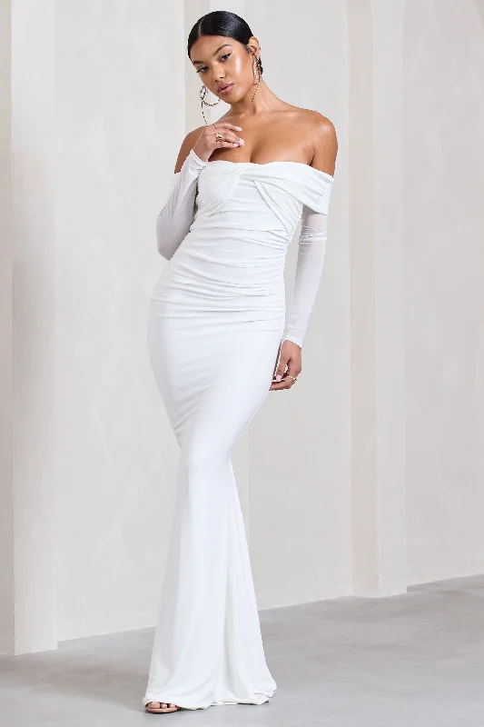 ladies-maxi-dress-pearl-poise-Alex | White Bardot Twist Maxi Dress