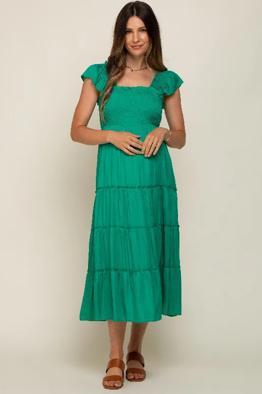 Women's midi dress clean chic -Green Satin Square Ruffle Neck Smocked Sleeveless Maternity Midi Dress