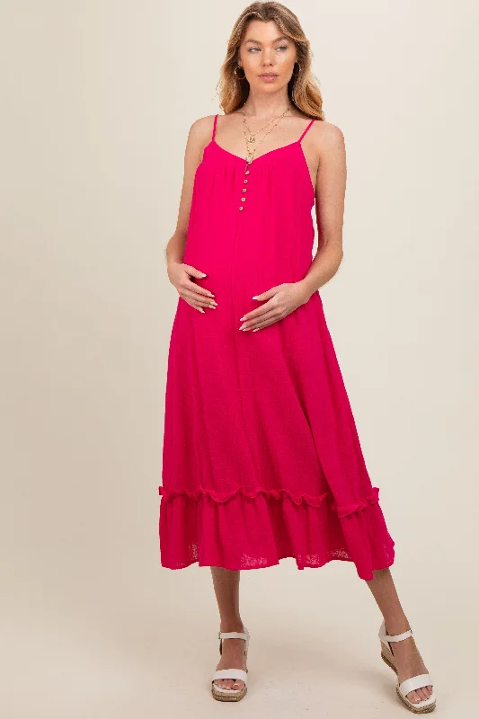 Women's midi dress tiny flair -Fuchsia Button Front Pocketed Maternity Midi Dress