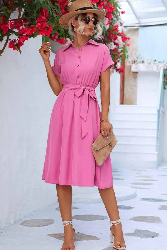 Women's flare dress 80s look -ROLL UP SLEEVE TIED WAIST FLARE SHIRTS DRESS