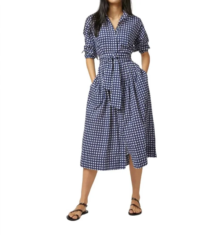 Women's shirt dress frill glow -Kimono Shirtwaist Dress In Navy/ Ivory Gingham Seersucker