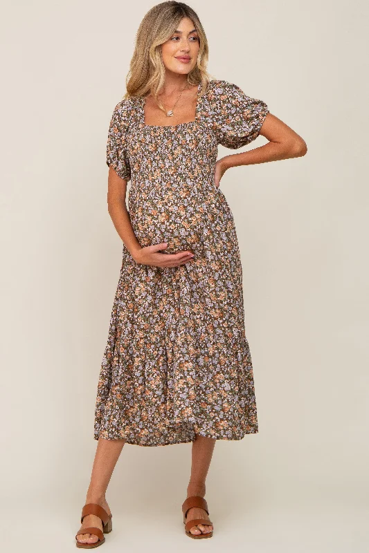 Women's midi dress core chic -Mocha Floral Smocked Puff Sleeve Maternity Midi Dress