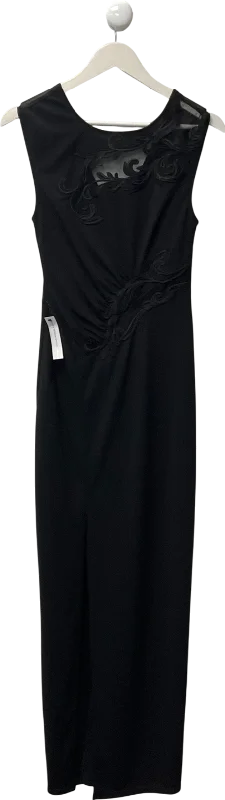 ladies-maxi-dress-breathable-bloom-lipsy london Black Lace Applique Ruched Mesh Maxi Dress UK 6