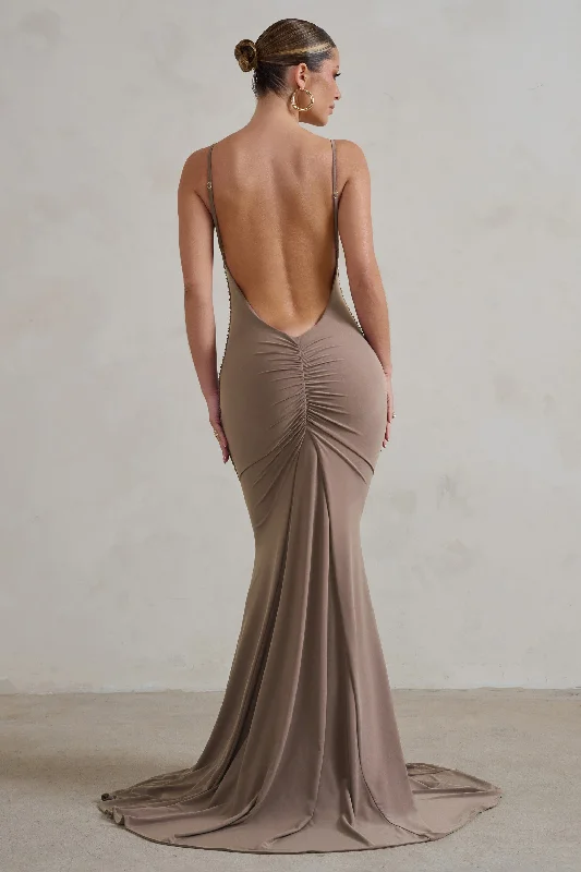 ladies-maxi-dress-youthful-yield-Adele | Mocha Backless Ruched Fishtail Cami Maxi Dress