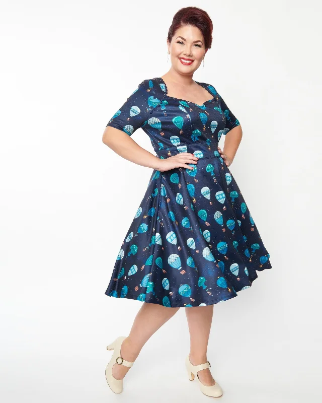 Women's flare dress chic -Unique Vintage Navy & Hot Air Balloon Bolero Flare Dress | Blue