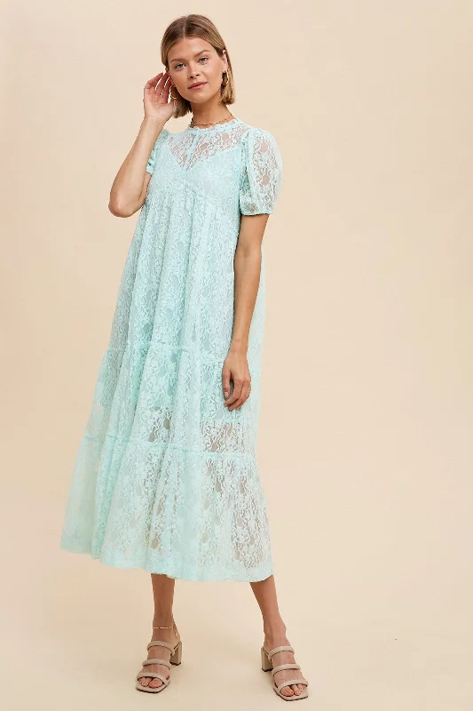 Women's midi dress luxe flair -Mint Lace Tiered Midi Dress