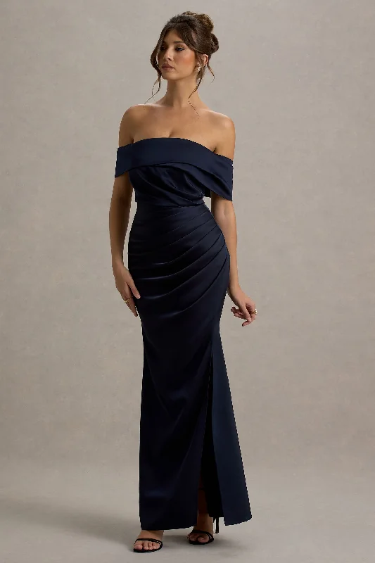 ladies-maxi-dress-glam-glow-Martine | Navy Satin Bardot Wrap Maxi Dress