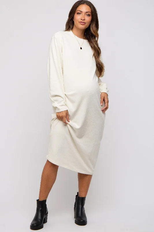 Women's midi dress bit chic -Cream Oversized Maternity Sweatshirt Midi Dress