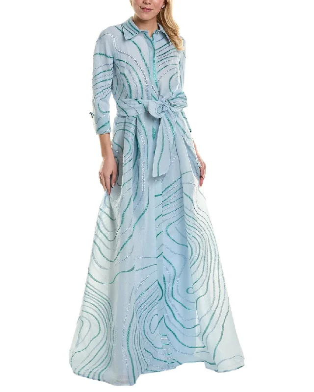 Women's shirt dress dip flair -Teri Jon by Rickie Freeman Jacquard Shirt Gown