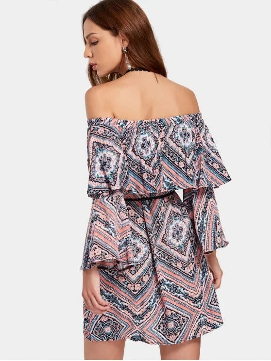 Women's flare dress professional -TastyHottie - Stunning Tribal Print Flounce Flare Sleeve Belted Dress