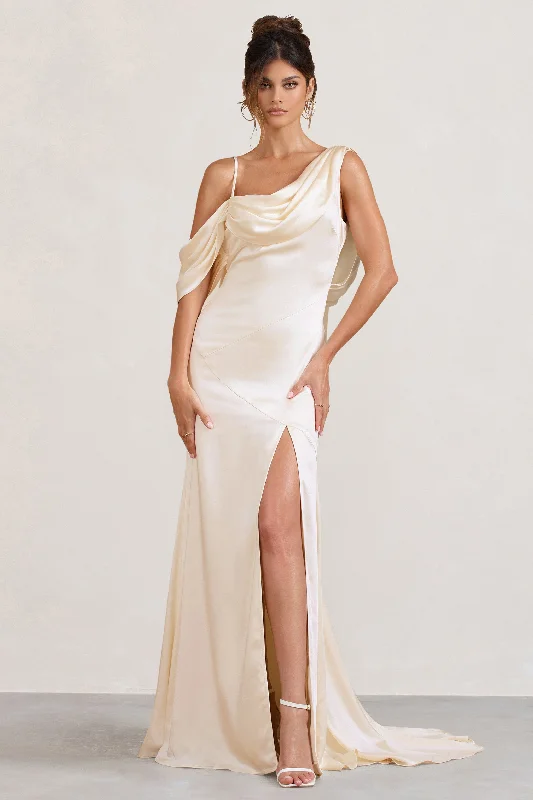 ladies-maxi-dress-romantic-ripple-Jayne | Cream Satin Asymmetric Draped Split Maxi Dress