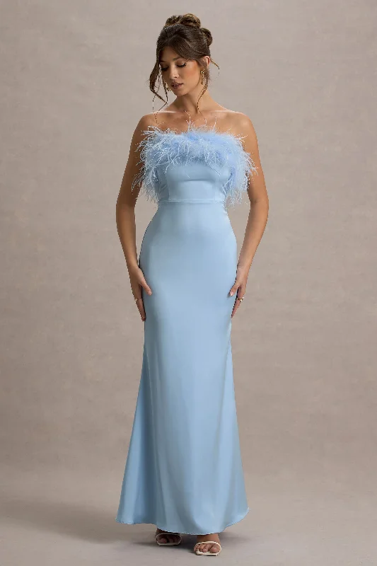 ladies-maxi-dress-slate-silk-Dress For It | Powder Blue Satin Feather Trim Bandeau Maxi Dress