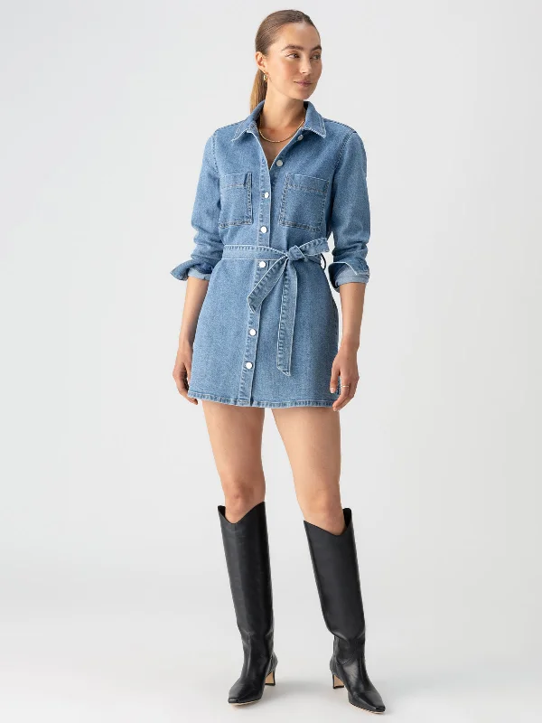 Women's flare dress girly -Denim Utility Shirt Dress Solar Flare