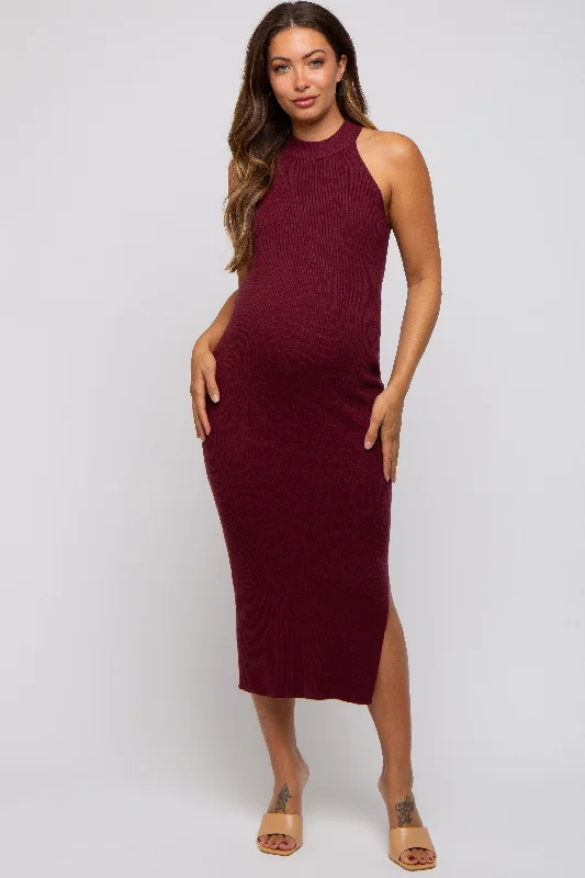 Women's midi dress date chic -Burgundy Sleeveless Side Slit Maternity Midi Dress