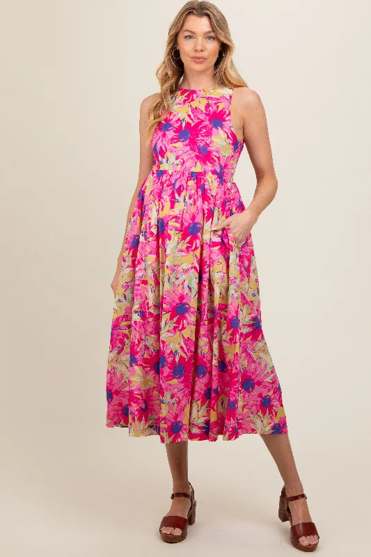 Women's midi dress keen pop -Pink Floral Sleeveless Smocked Back A-Line Maternity Midi Dress