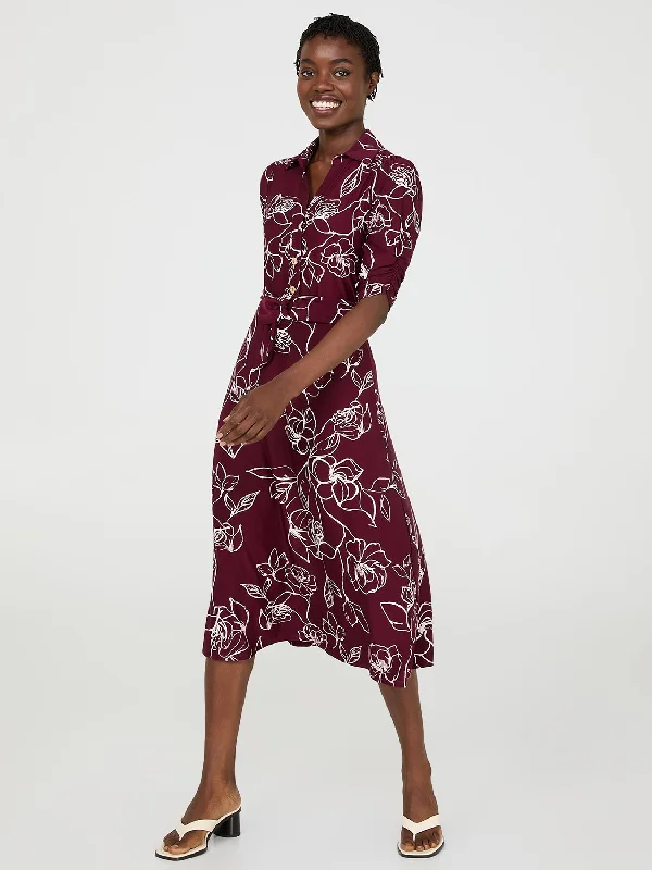 Women's midi dress tame flair -Floral Print Button-Front Midi Dress With Pockets