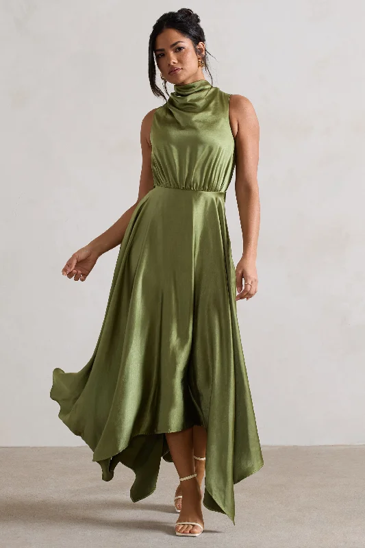 ladies-maxi-dress-scoop-sway-Kerri | Olive Green Satin Cowl-Neck Maxi Dress