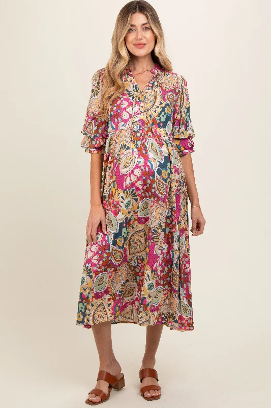 Women's midi dress glee pop -Pink Paisley Print Tiered A-Line Maternity Midi Dress