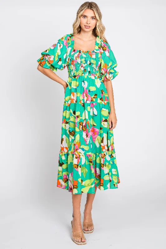 Women's midi dress fade flair -Green Floral Puff Sleeve Midi Dress