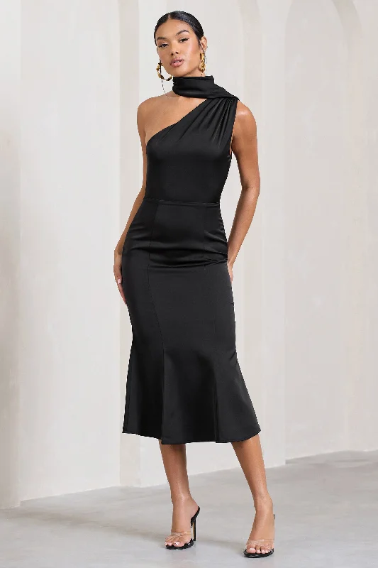 Women's flare dress high neck -Golden Girl | Black Satin One Shoulder High-Neck Flared Midi Dress