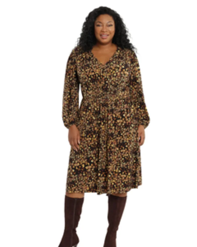 Women's midi dress warm glow -Floral-Print Smocked Midi Dress | Black/Rust