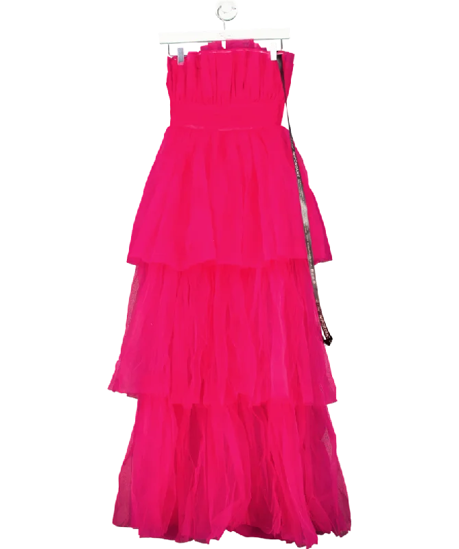 ladies-maxi-dress-low-cut-lush-Lace & Beads Natalia Tulle Maxi Dress In Bright Pink UK 6