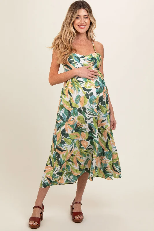 Women's midi dress 60s glow -Green Leaf Print Open Back Maternity Midi Dress