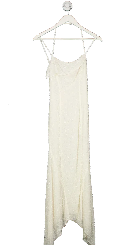 ladies-maxi-dress-influencer-iris-Oh Polly White Dole Embellished Hankerchief Hem Maxi Dress UK 8