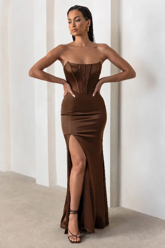 ladies-maxi-dress-rose-ripple-Sensual Notes | Chocolate Brown Satin Strapless Corset Thigh Split Maxi Dress