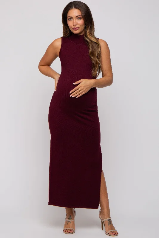 Women's midi dress tidy pop -Burgundy Sleeveless Mock Neck Maternity Midi Dress