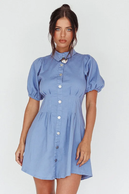 Women's shirt dress silk glow -Zurich Pleated Waist Shirt Dress Blue