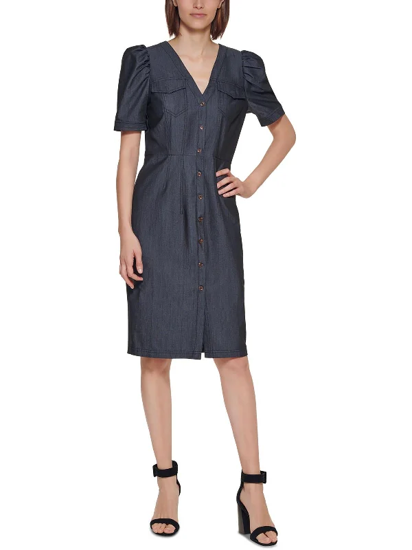 Women's shirt dress boom flair -Petites Womens Woven Puff Sleeves Shirtdress