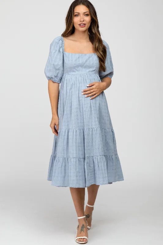 Women's midi dress pro glow -Blue Plaid Square Neck Maternity Midi Dress