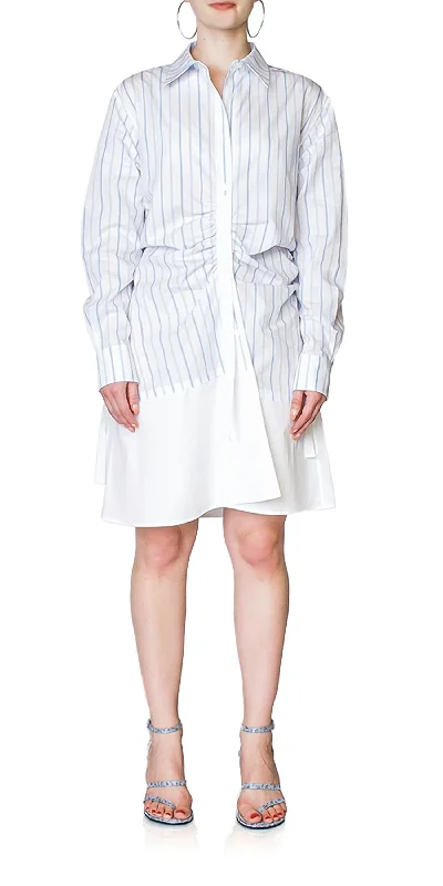 Women's shirt dress wing flair -Gathered Placket Shirtdress In Pale Blue/white