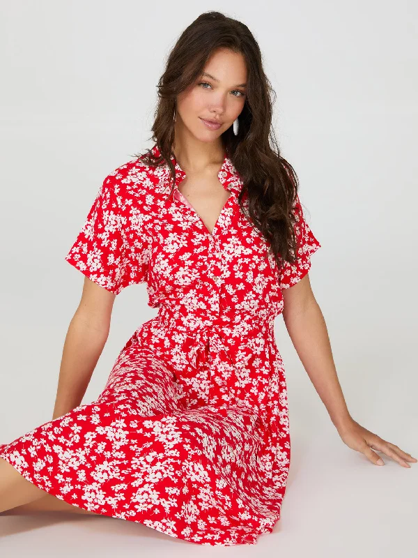 ladies-maxi-dress-sophisticated-sway-Ditsy Floral Print High-Low Maxi Shirt Dress