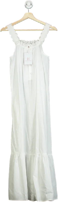 ladies-maxi-dress-ruched-rush-Hank & Hera White Maxi Dress UK XS