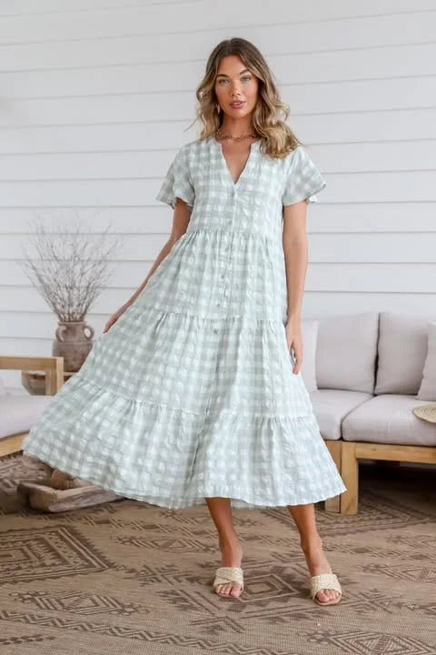 Women's midi dress spin flair -Valentina Gingham Midi Dress - Sage