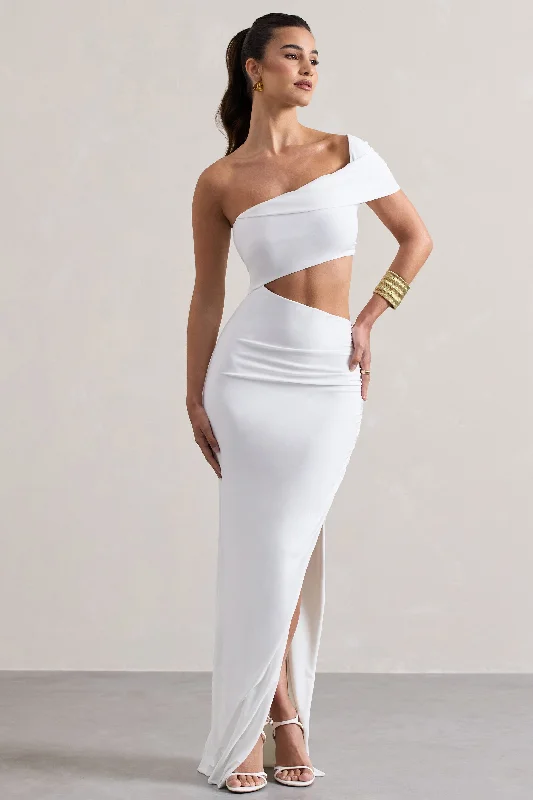 ladies-maxi-dress-boho-bloom-Milos | White One-Shoulder Cut-Out Maxi Dress With Split