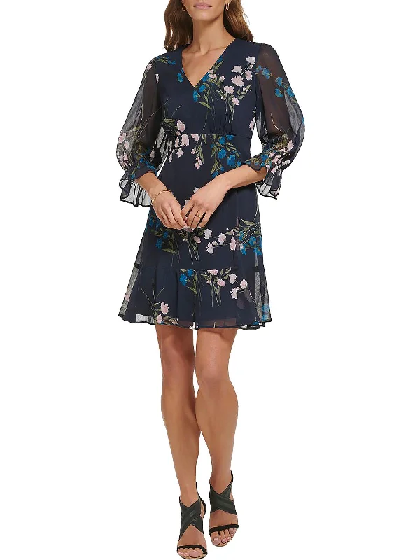 Women's flare dress paisley -Petites Womens Chiffon Floral Fit & Flare Dress