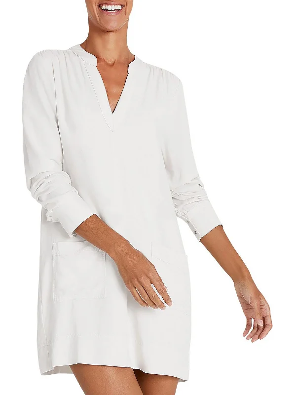 Women's shirt dress knee glow -Teaghan Womens Long Sleeve V-Neck Shirtdress