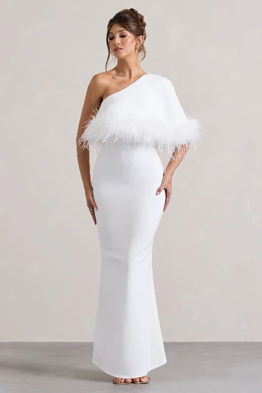 ladies-maxi-dress-cream-charm-Valor | White Asymmetric Maxi Dress With Feather Trim