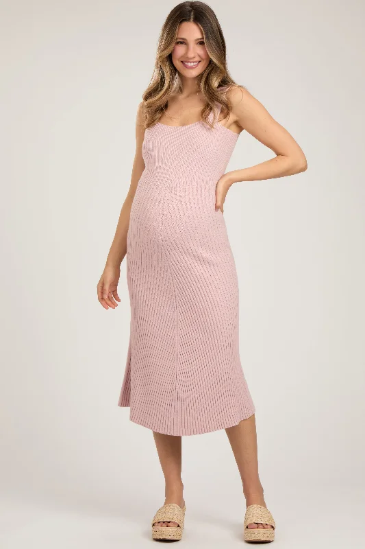 Women's midi dress gleam glow -Light Pink Sweater Knit A-Line Maternity Midi Dress