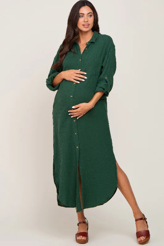 Women's midi dress slit glow -Forest Green Button Down 3/4 Sleeve Maternity Midi Dress