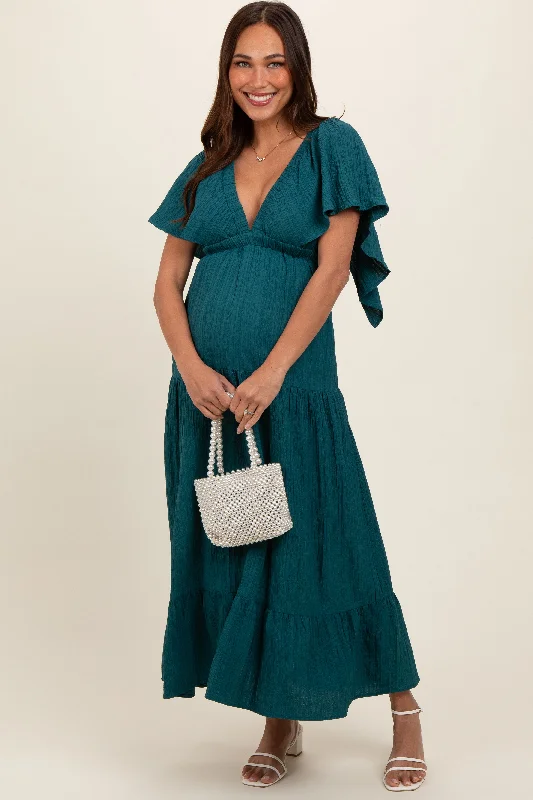 Women's midi dress rise glow -Emerald Deep V-Neck Flutter Sleeve Tiered Maternity Midi Dress