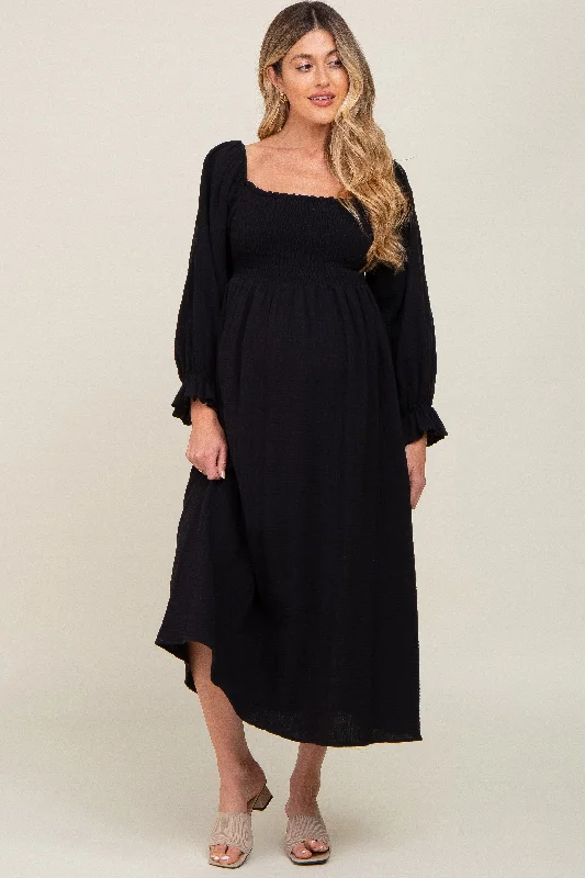 Women's midi dress sand glow -Black Gauze Smocked Maternity Midi Dress