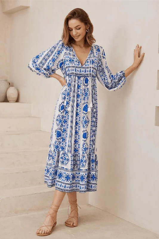 Women's midi dress rare flair -Rayne Boho Midi Dress - Blue