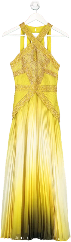 ladies-maxi-dress-comfortable-calm-Karen Millen Yellow Geo Embellished Ombre Pleated Woven Maxi Dress BNWT UK 6