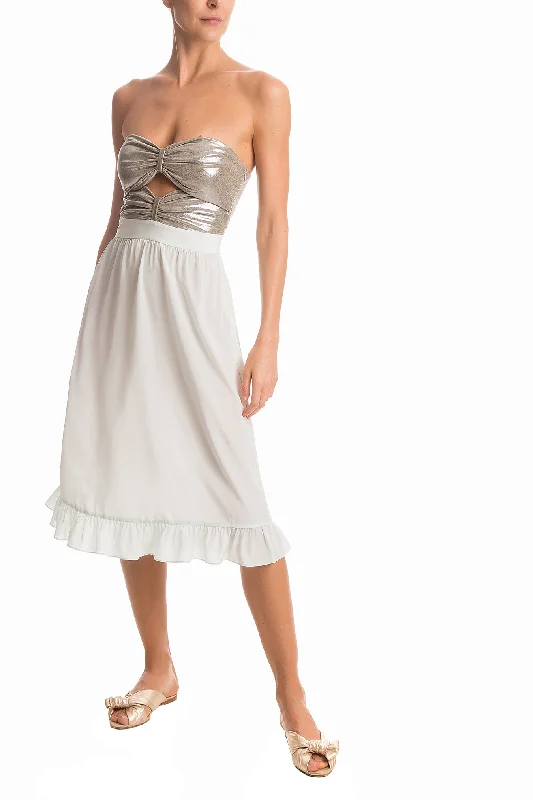 Women's midi dress wild flair -Metallic Strapless Midi Dress